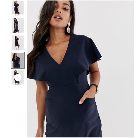 ASOS Midi dress Flounce Cape Angel Sleeve Pockets V neckline Navy blue Sz 10 - Picture 3 of 15